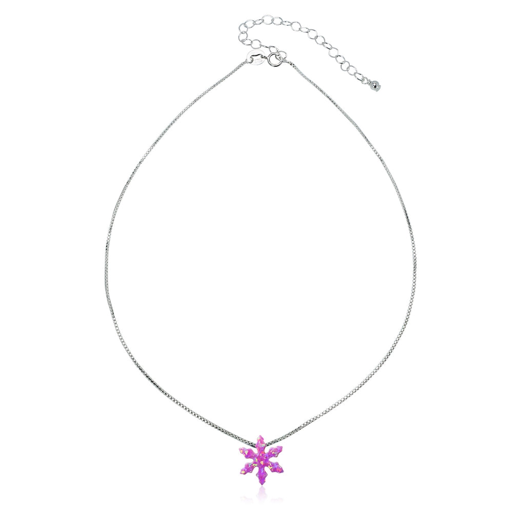 Sterling Silver Created Pink Opal Snowflake Dainty Choker Necklace-2