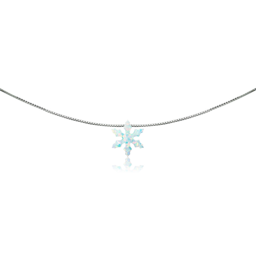 Sterling Silver Created White Opal Snowflake Dainty Choker Necklace