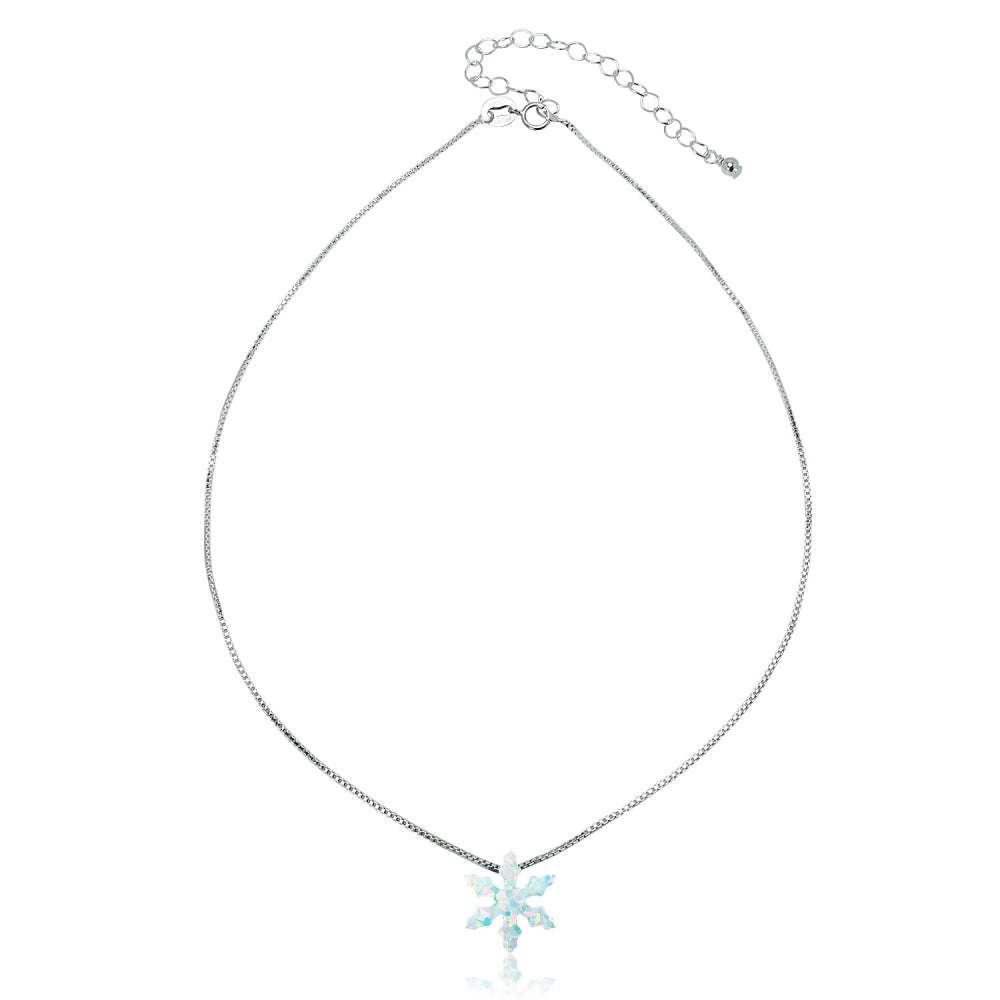 Sterling Silver Created White Opal Snowflake Dainty Choker Necklace-2