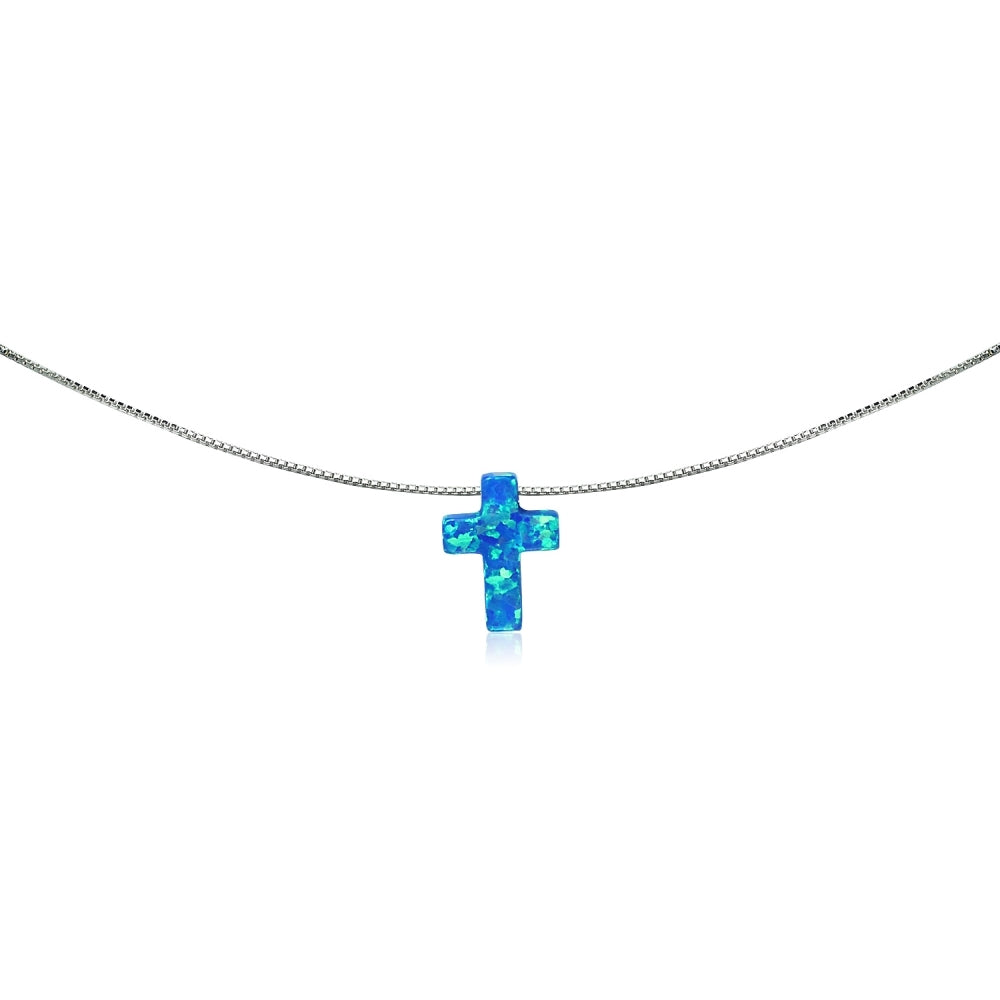 Sterling Silver Created Blue Opal Cross Dainty Choker Necklace