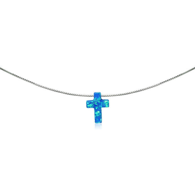 Sterling Silver Created Blue Opal Cross Dainty Choker Necklace