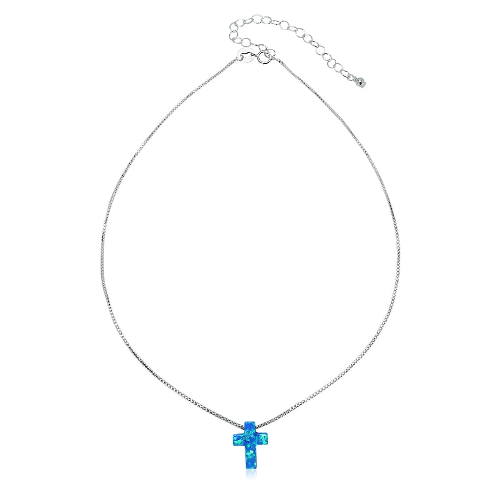 Sterling Silver Created Blue Opal Cross Dainty Choker Necklace-2