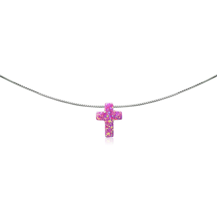 Sterling Silver Created Pink Opal Cross Dainty Choker Necklace