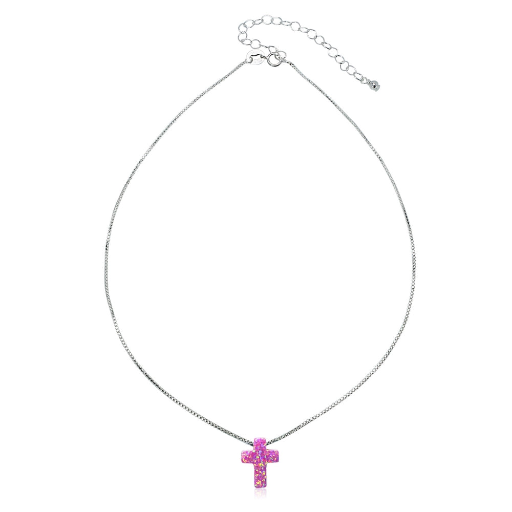 Sterling Silver Created Pink Opal Cross Dainty Choker Necklace-2