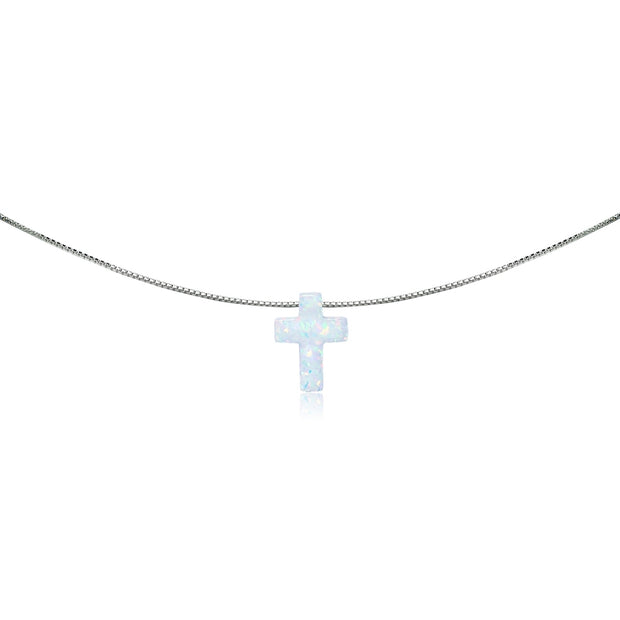 Sterling Silver Created White Opal Cross Dainty Choker Necklace