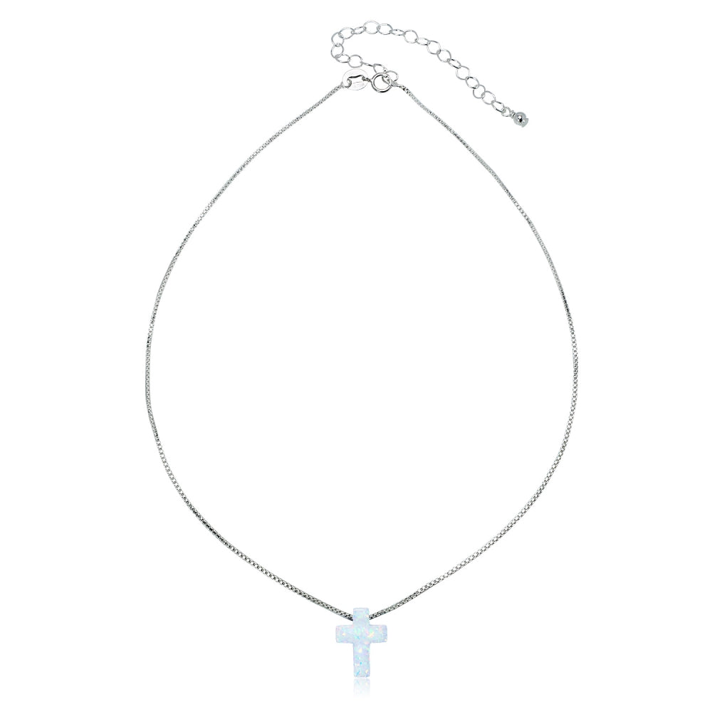Sterling Silver Created White Opal Cross Dainty Choker Necklace-2
