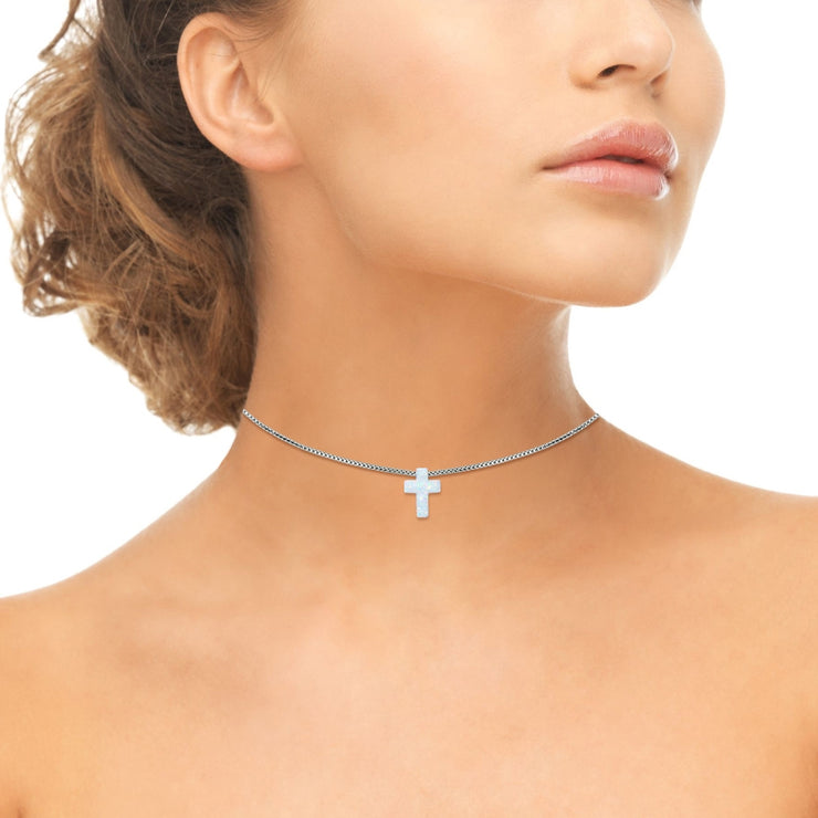 Sterling Silver Created White Opal Cross Dainty Choker Necklace