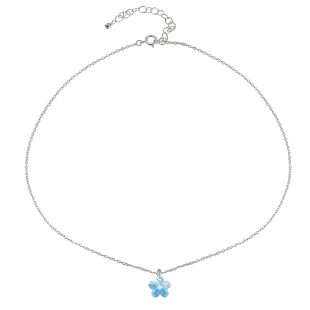Sterling Silver Light Blue Flower Choker Necklace Made with Swarovski Crystals-2
