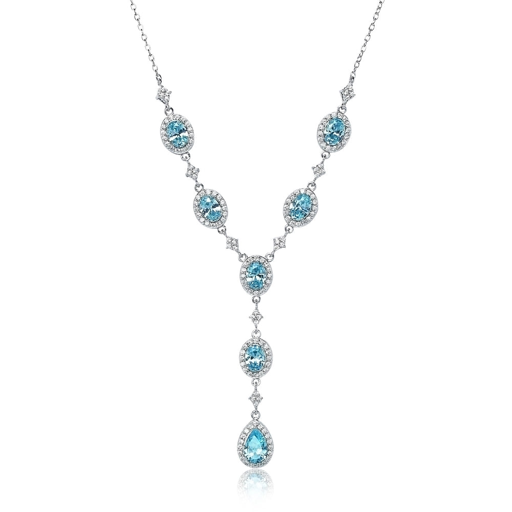 Sterling Silver Light Blue Cubic Zirconia Teardrop Halo Evening Statement Y-Necklace