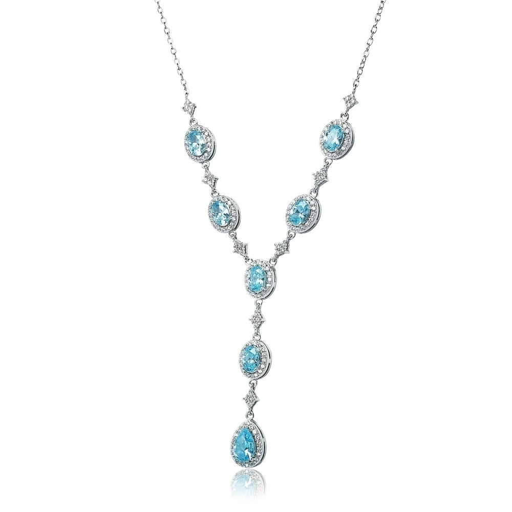 Sterling Silver Light Blue Cubic Zirconia Teardrop Halo Evening Statement Y-Necklace-2
