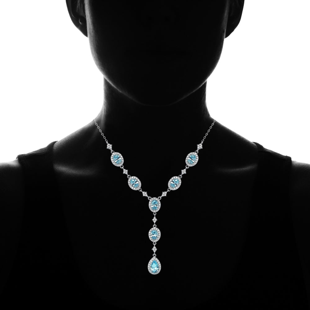 Sterling Silver Light Blue Cubic Zirconia Teardrop Halo Evening Statement Y-Necklace-3
