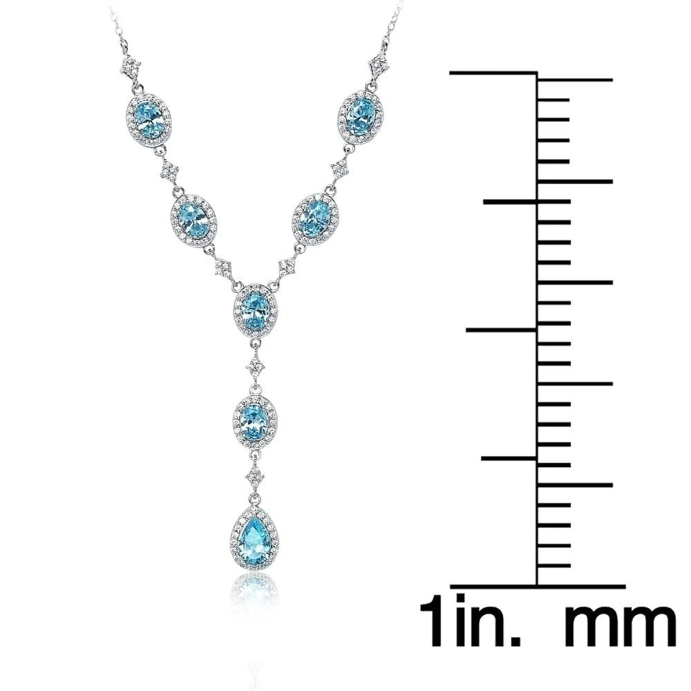 Sterling Silver Light Blue Cubic Zirconia Teardrop Halo Evening Statement Y-Necklace-4