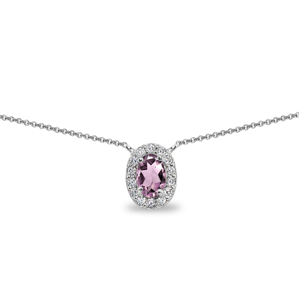 Sterling Silver Created Alexandrite Oval Halo Choker Necklace with CZ Accents