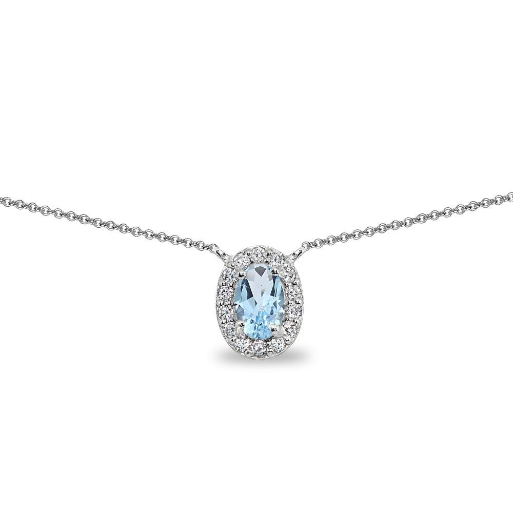 Sterling Silver Blue Topaz Oval Halo Choker Necklace with CZ Accents