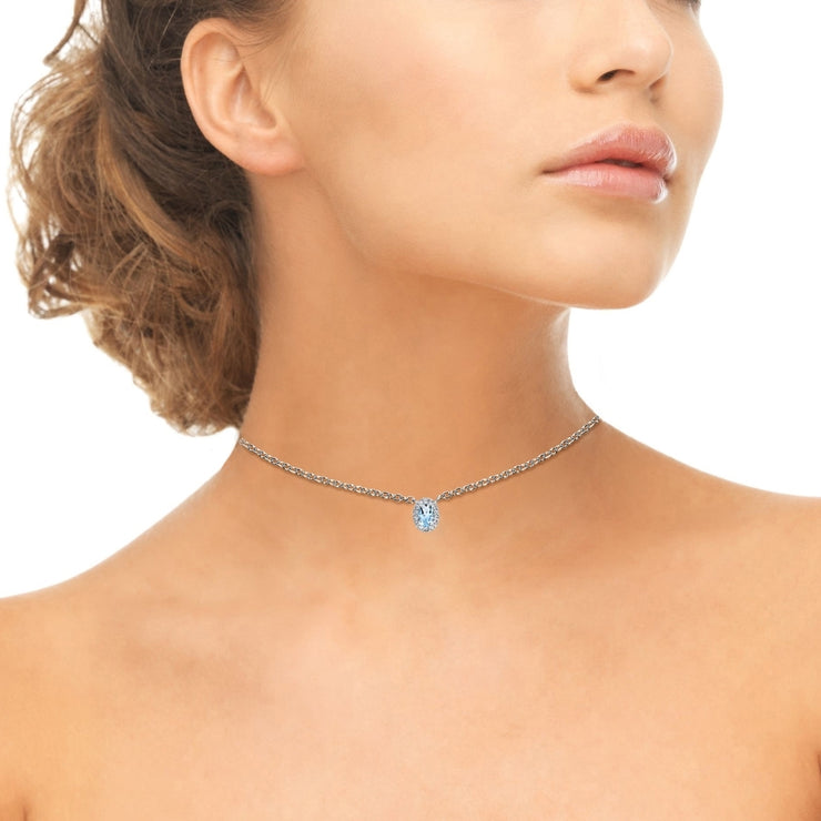 Sterling Silver Blue Topaz Oval Halo Choker Necklace with CZ Accents