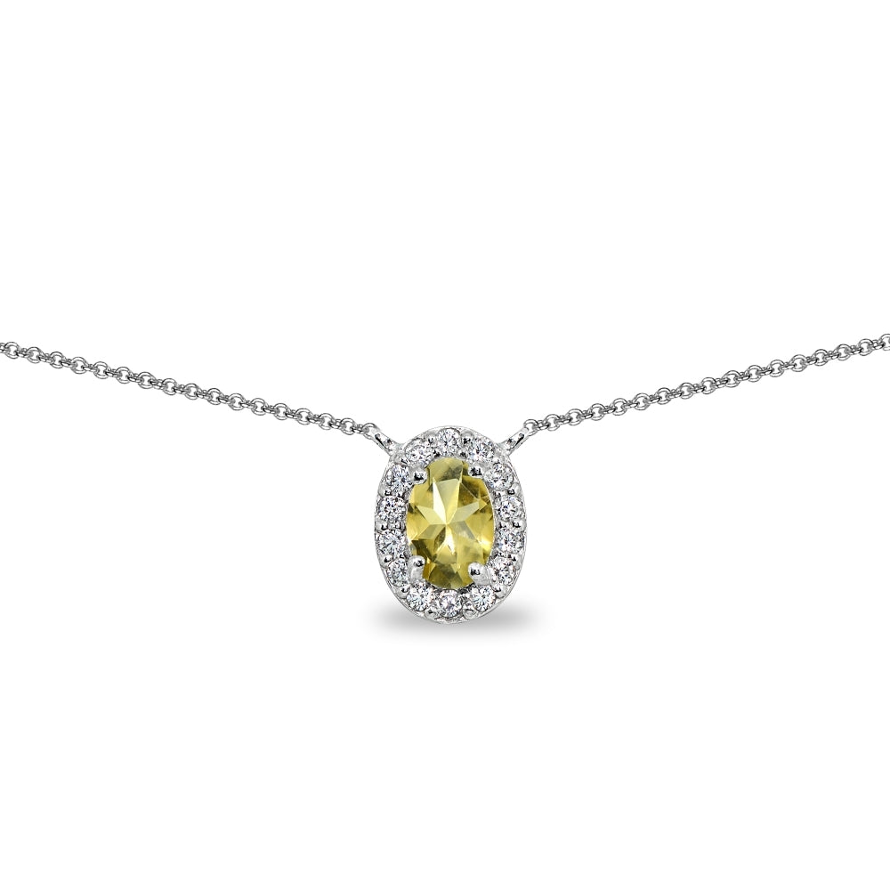 Sterling Silver Citrine Oval Halo Choker Necklace with CZ Accents
