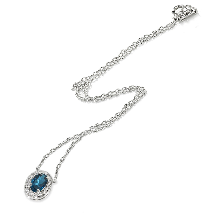 Sterling Silver Lonodn Blue Topaz Oval Halo Choker Necklace with CZ Accents