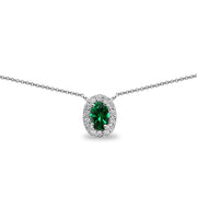 Sterling Silver Simulated Emerald Oval Halo Choker Necklace with CZ Accents
