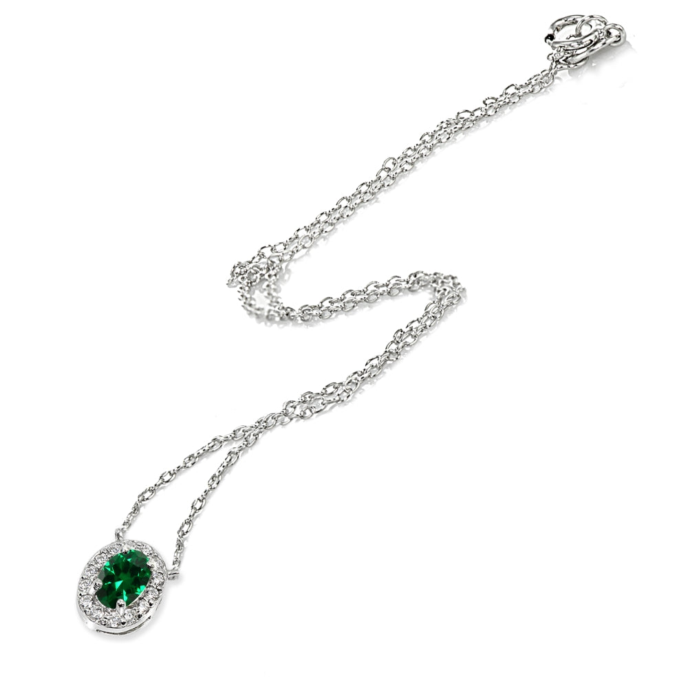 Sterling Silver Simulated Emerald Oval Halo Choker Necklace with CZ Accents-2