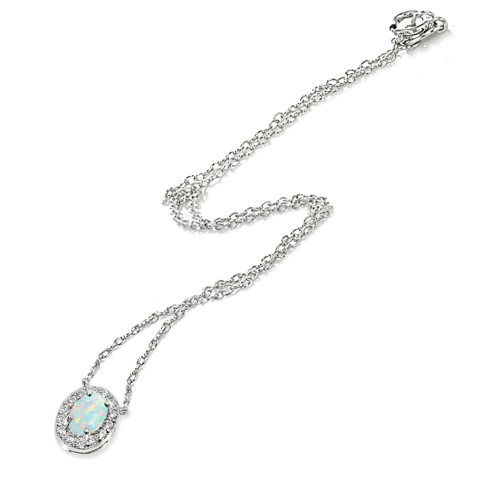 Sterling Silver Created White Opal Oval Halo Choker Necklace with CZ Accents-2
