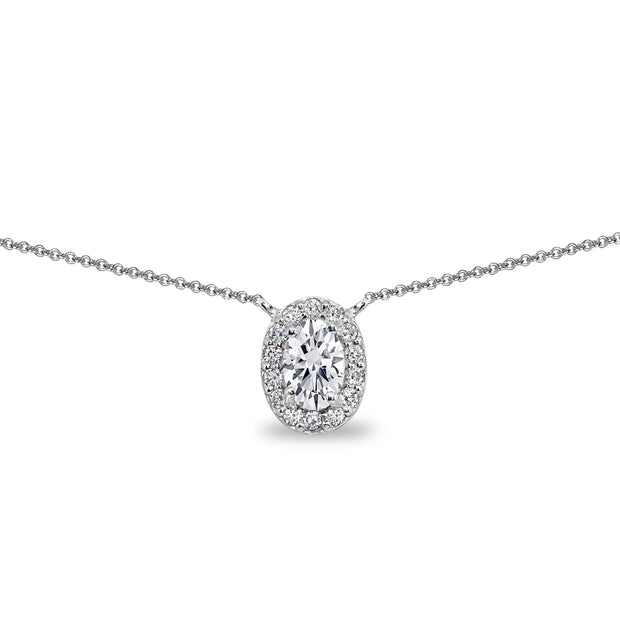 Sterling Silver Cubic Zirconia Oval Halo Choker Necklace