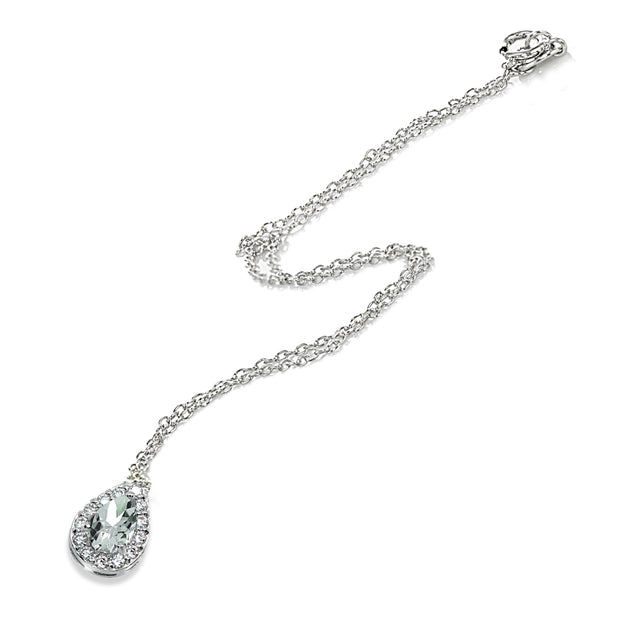 Sterling Silver Aquamarine Teardrop Halo Choker Necklace with CZ Accents