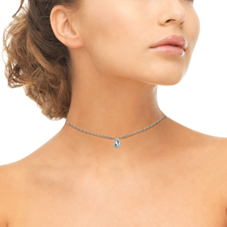 Sterling Silver Aquamarine Teardrop Halo Choker Necklace with CZ Accents