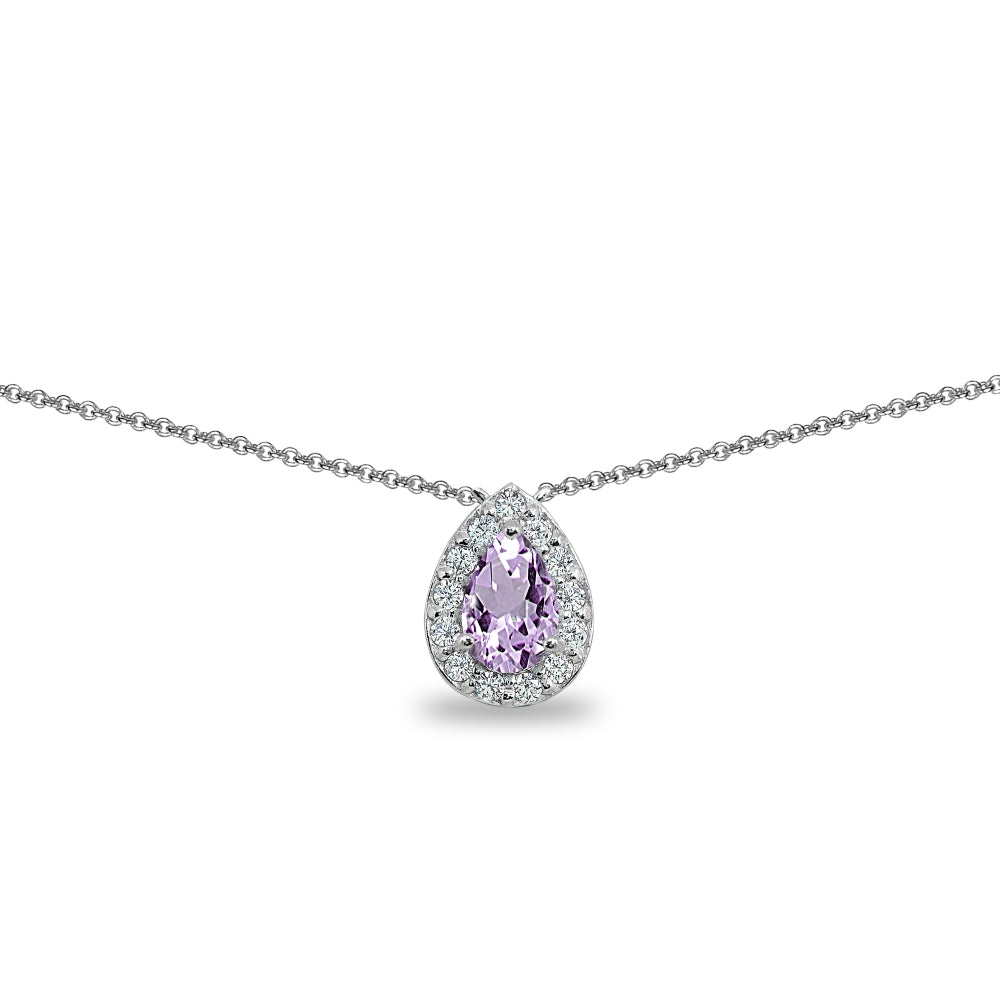 Sterling Silver Amethyst Teardrop Halo Choker Necklace with CZ Accents