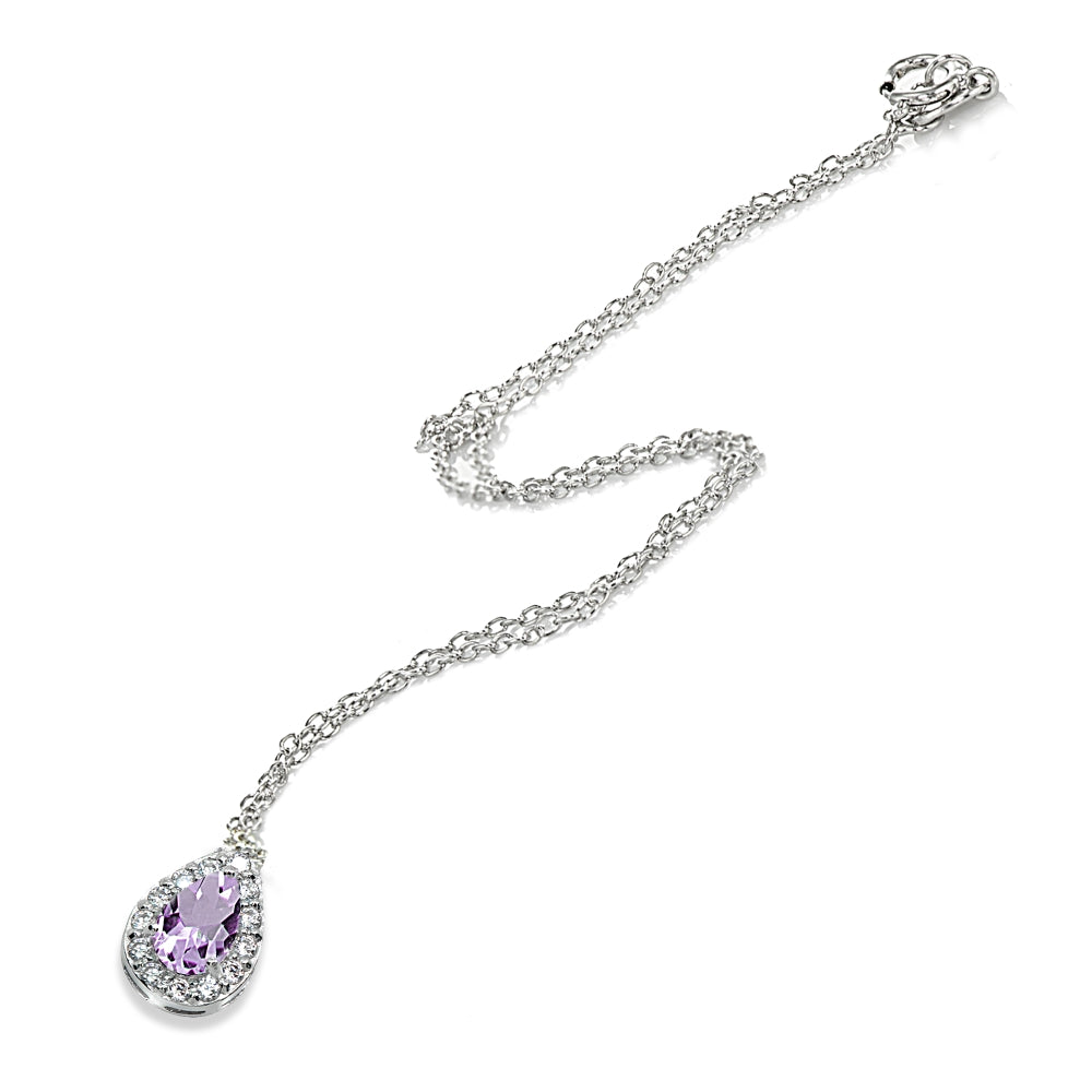 Sterling Silver Amethyst Teardrop Halo Choker Necklace with CZ Accents-2