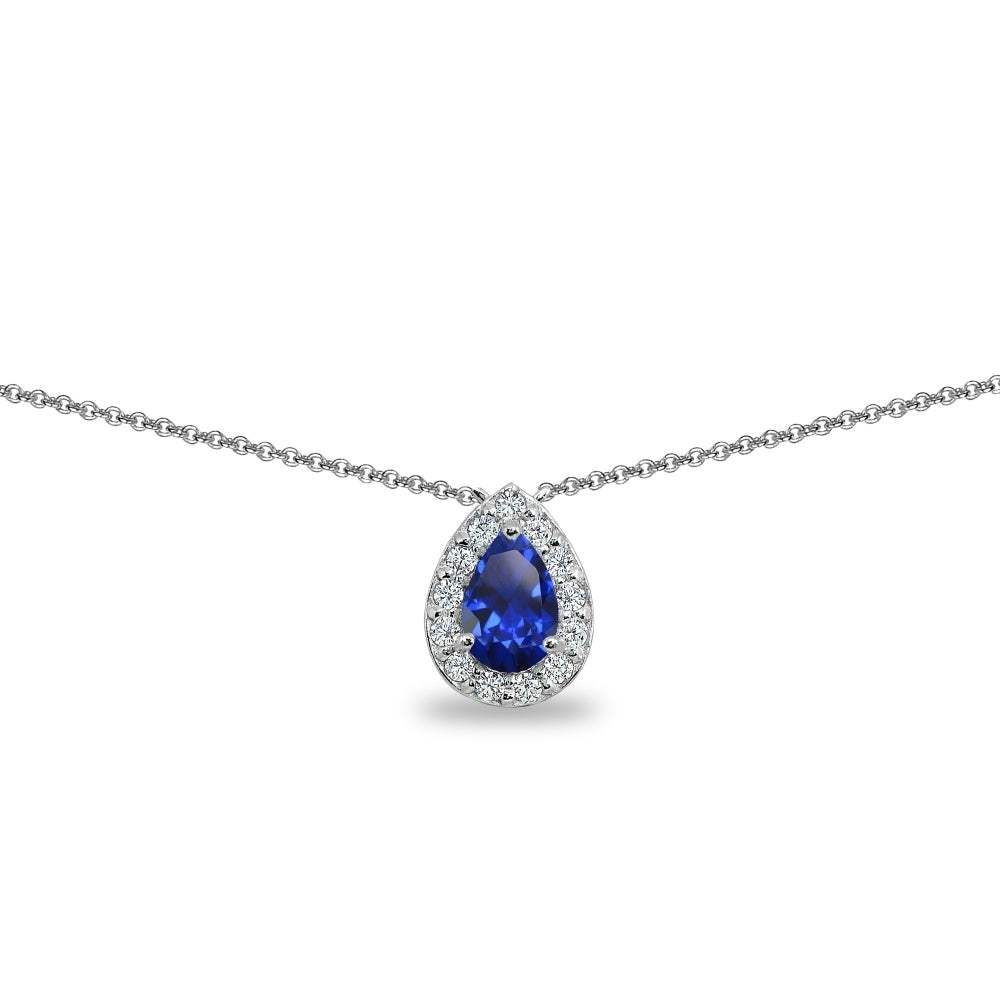 Sterling Silver Created Blue Sapphire Teardrop Halo Choker Necklace with CZ Accents