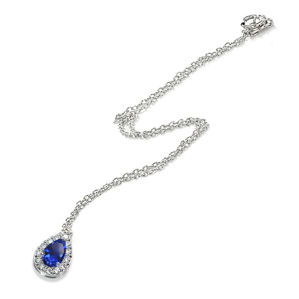 Sterling Silver Created Blue Sapphire Teardrop Halo Choker Necklace with CZ Accents-2