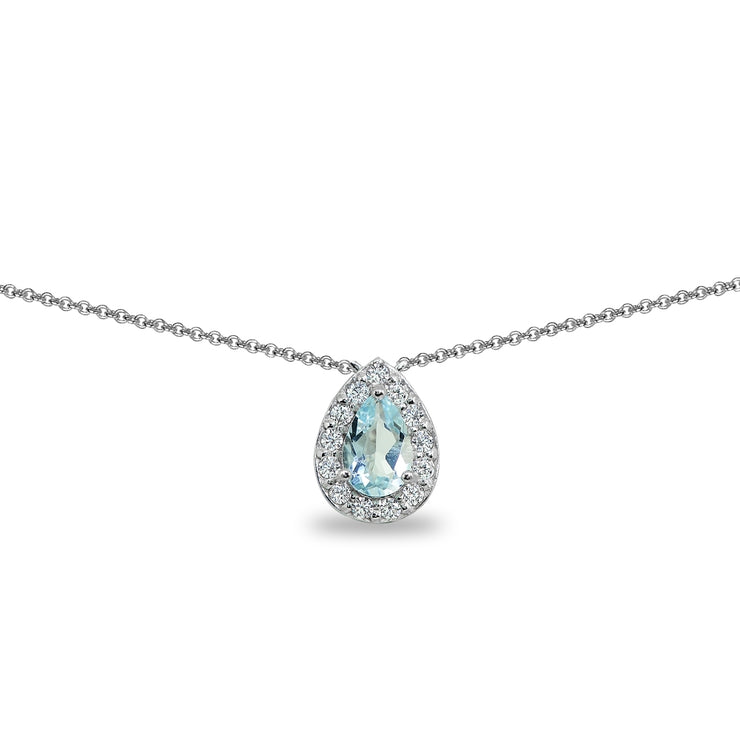 Sterling Silver Blue Topaz Teardrop Halo Choker Necklace with CZ Accents