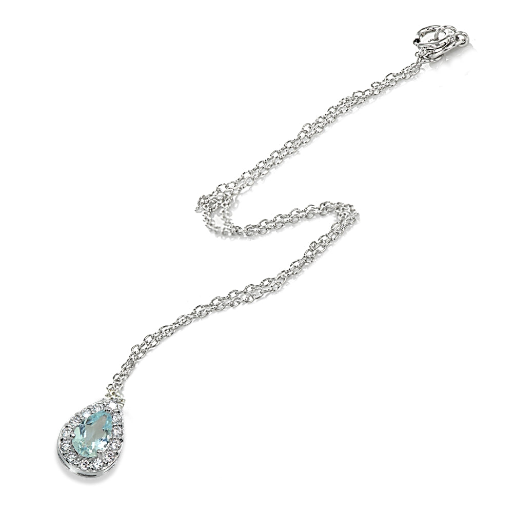 Sterling Silver Blue Topaz Teardrop Halo Choker Necklace with CZ Accents-2