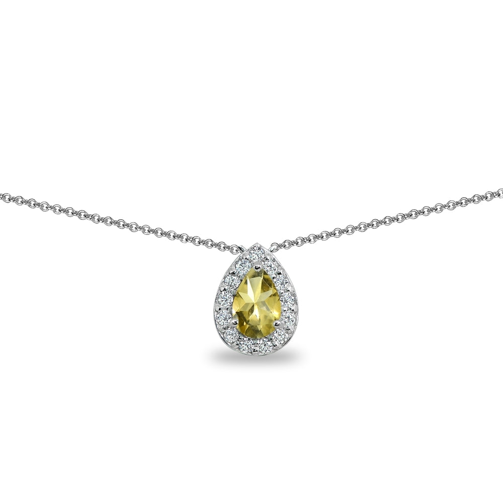 Sterling Silver Citrine Teardrop Halo Choker Necklace with CZ Accents
