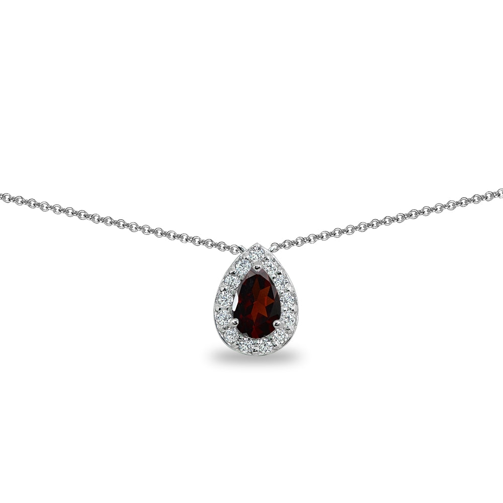 Sterling Silver Garnet Teardrop Halo Choker Necklace with CZ Accents