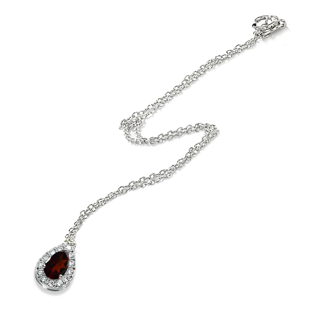Sterling Silver Garnet Teardrop Halo Choker Necklace with CZ Accents-2