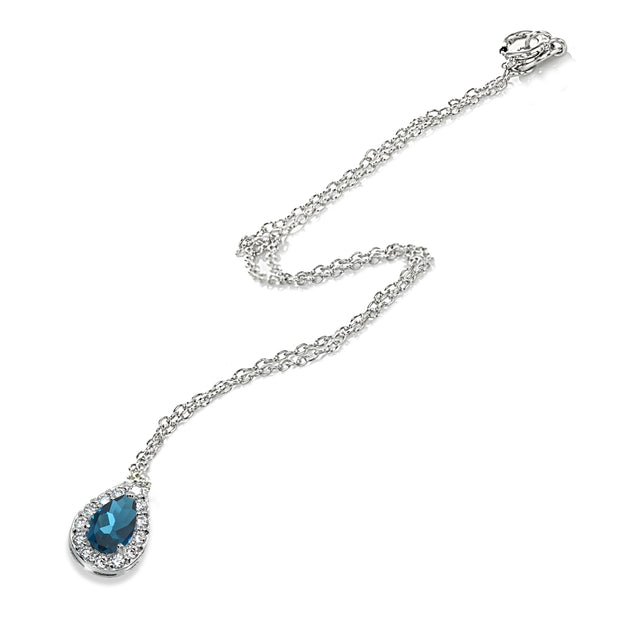 Sterling Silver Lonodn Blue Topaz Teardrop Halo Choker Necklace with CZ Accents