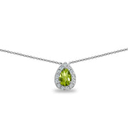 Sterling Silver Peridot Teardrop Halo Choker Necklace with CZ Accents