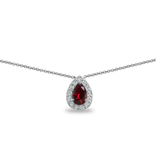 Sterling Silver Created Ruby Teardrop Halo Choker Necklace with CZ Accents