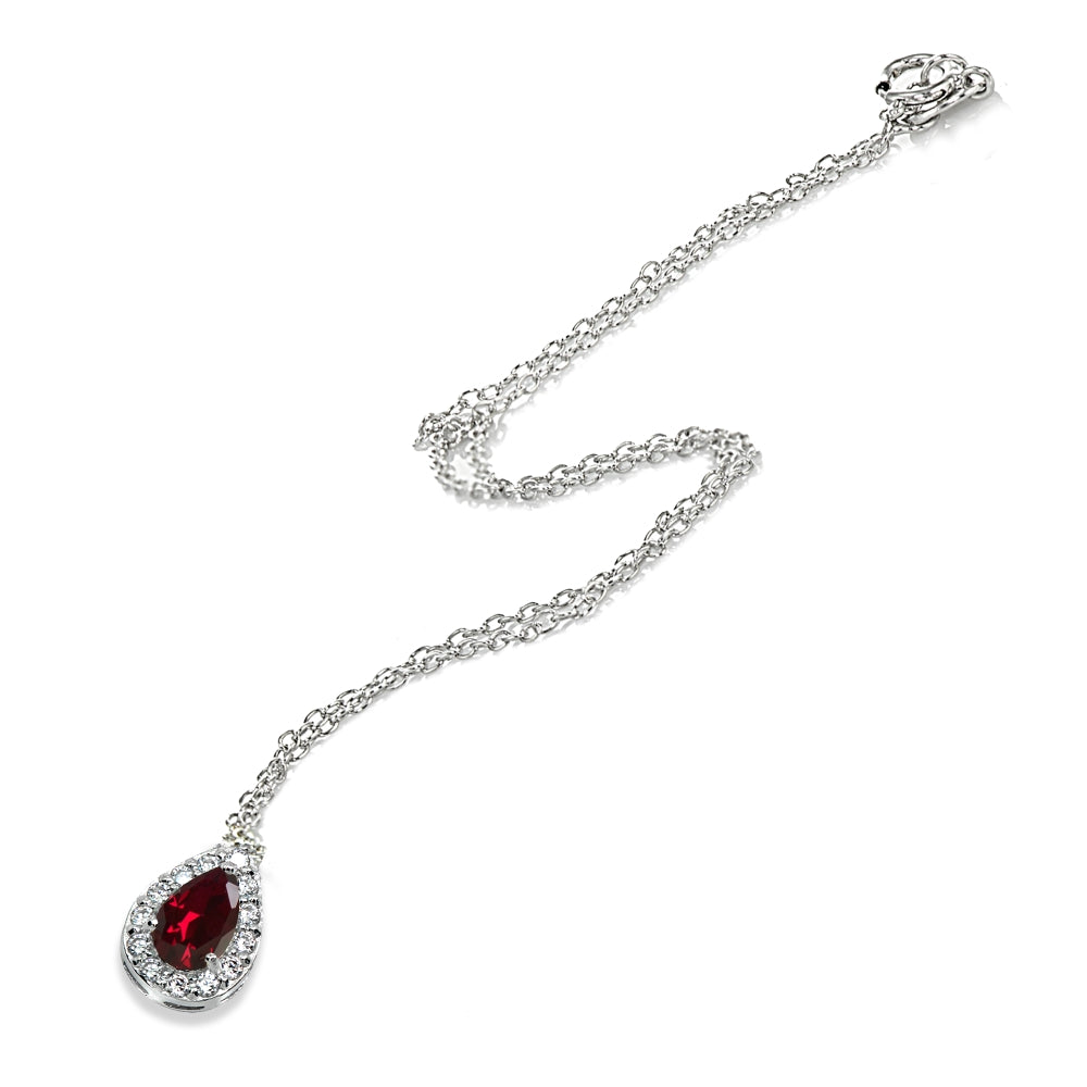 Sterling Silver Created Ruby Teardrop Halo Choker Necklace with CZ Accents-2