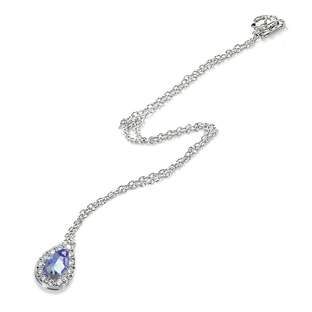 Sterling Silver Tanzanite Teardrop Halo Choker Necklace with CZ Accents-2