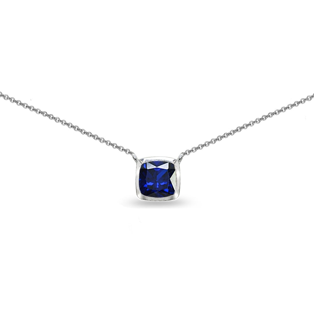 Sterling Silver Created Blue Sapphire Cushion-Cut Bezel-Set Solitaire Choker Necklace