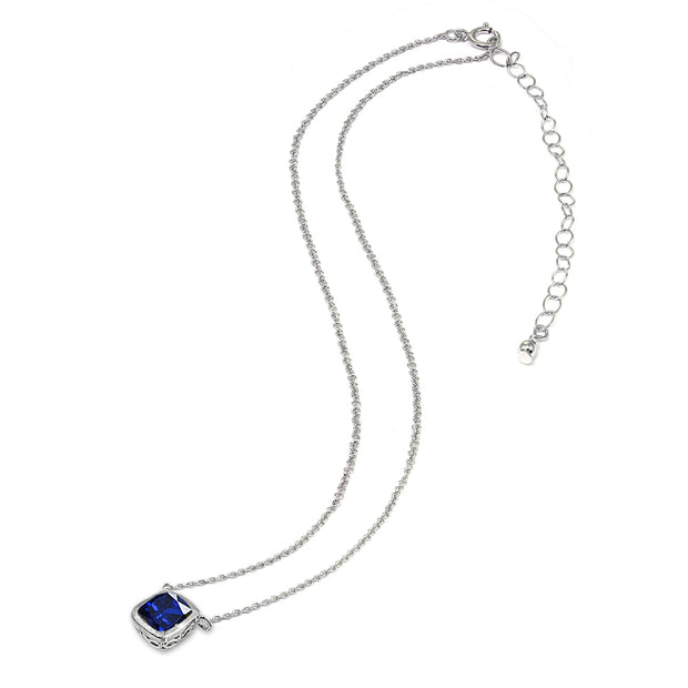 Sterling Silver Created Blue Sapphire Cushion-Cut Bezel-Set Solitaire Choker Necklace