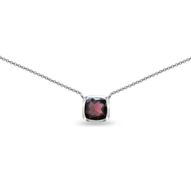 Sterling Silver Garnet Cushion-Cut Bezel-Set Solitaire Choker Necklace