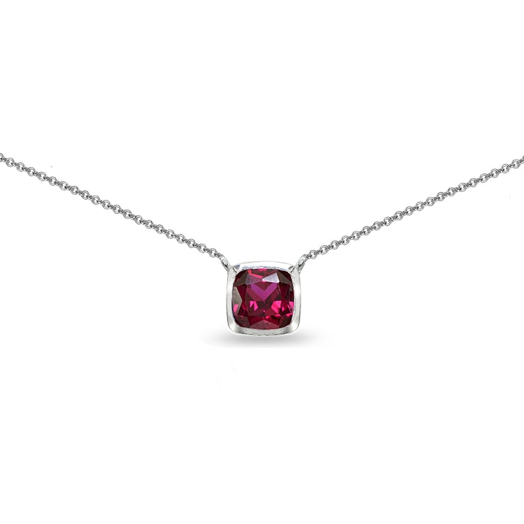 Sterling Silver Created Ruby Cushion-Cut Bezel-Set Solitaire Choker Necklace