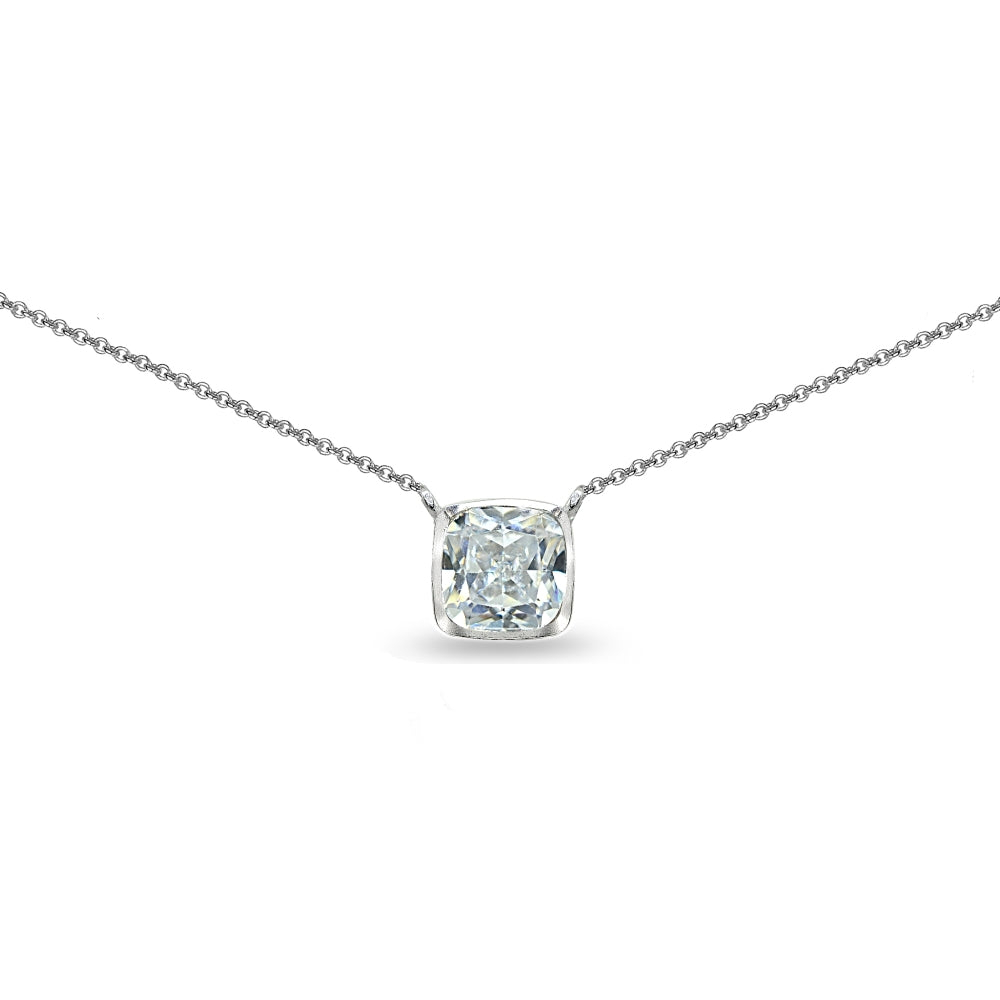 Sterling Silver Cubic Zirconia Cushion-Cut Bezel-Set Solitaire Choker Necklace