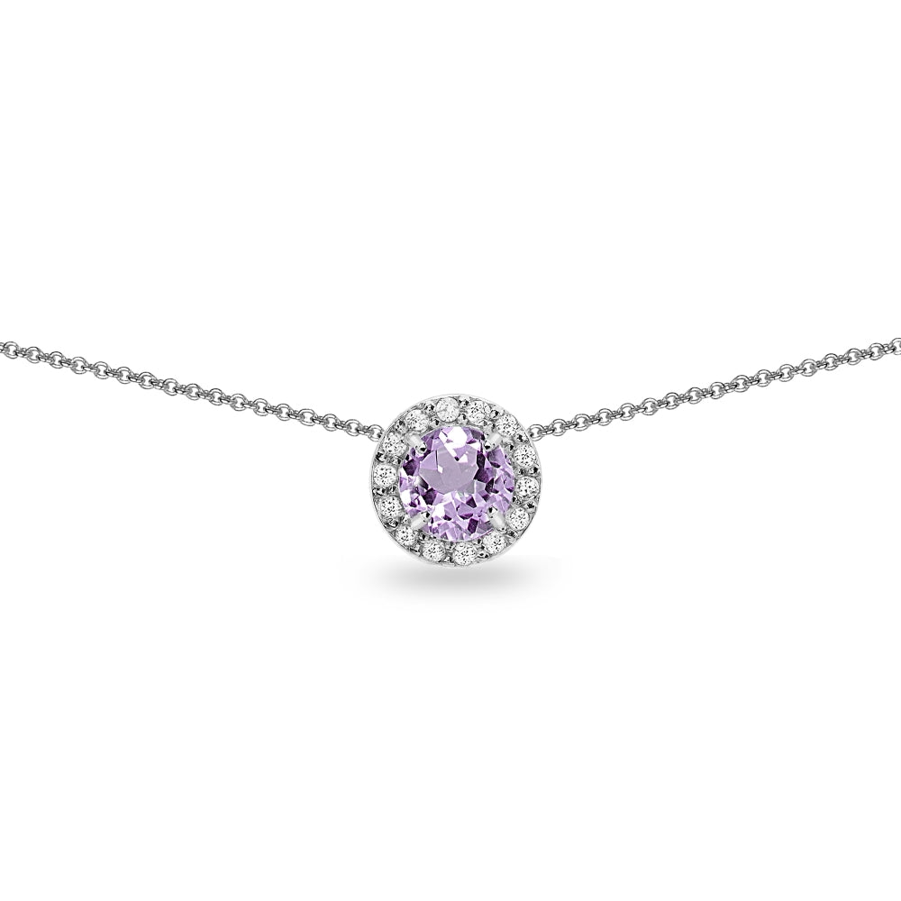 Sterling Silver Amethyst & White Topaz Round Halo Slide Choker Necklace