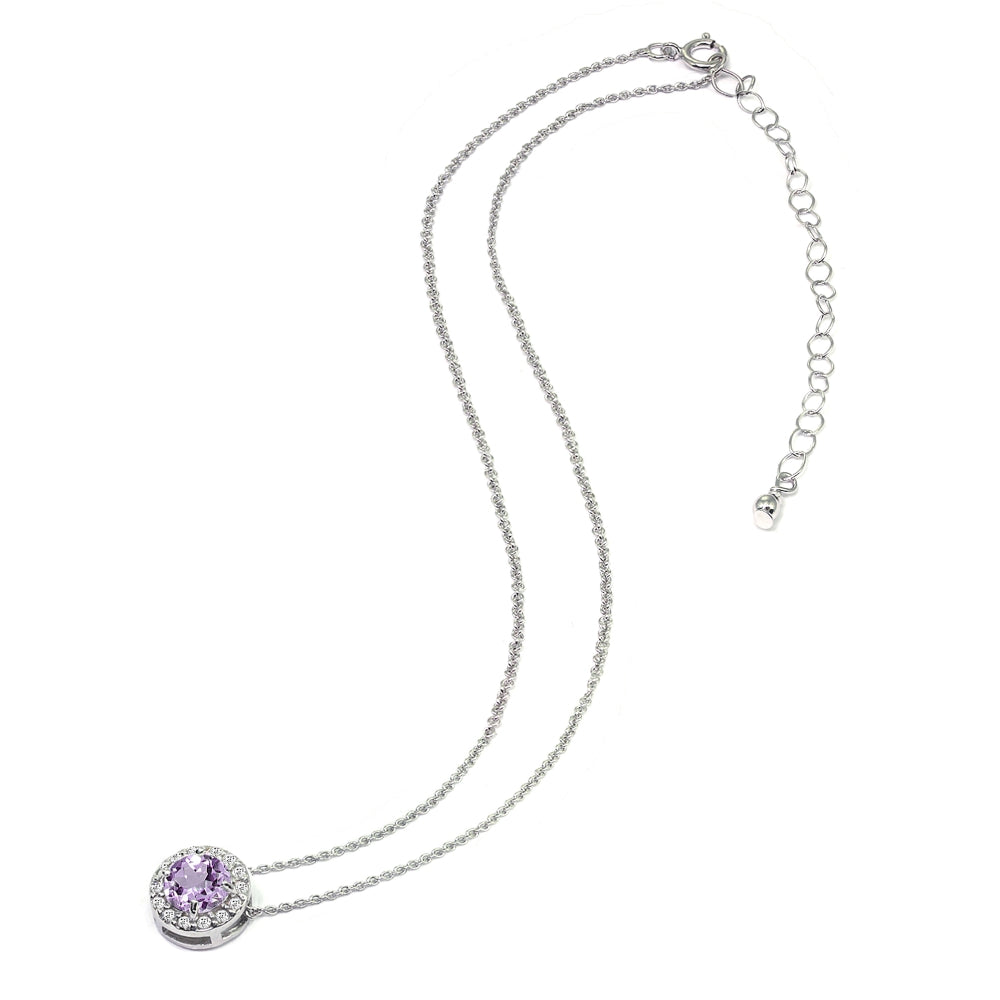 Sterling Silver Amethyst & White Topaz Round Halo Slide Choker Necklace-3
