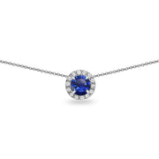 Sterling Silver Created Blue Sapphire & White Topaz Round Halo Slide Choker Necklace