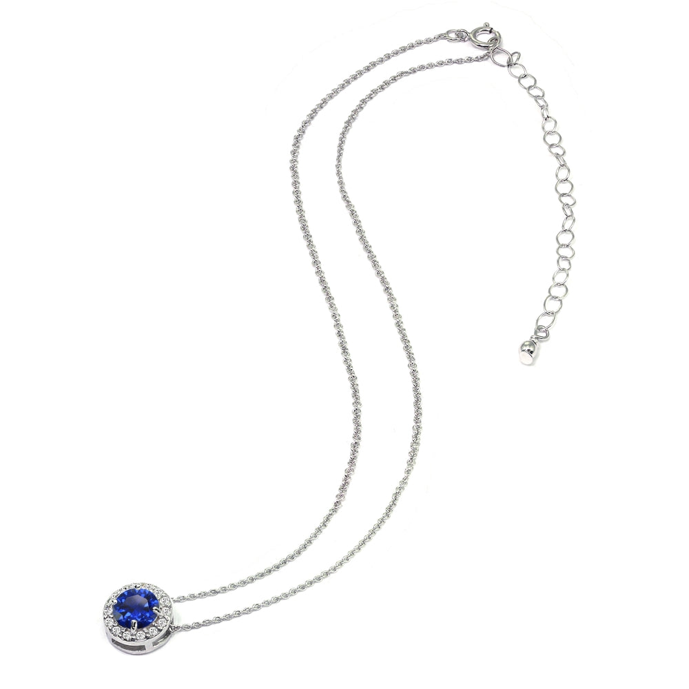 Sterling Silver Created Blue Sapphire & White Topaz Round Halo Slide Choker Necklace-3